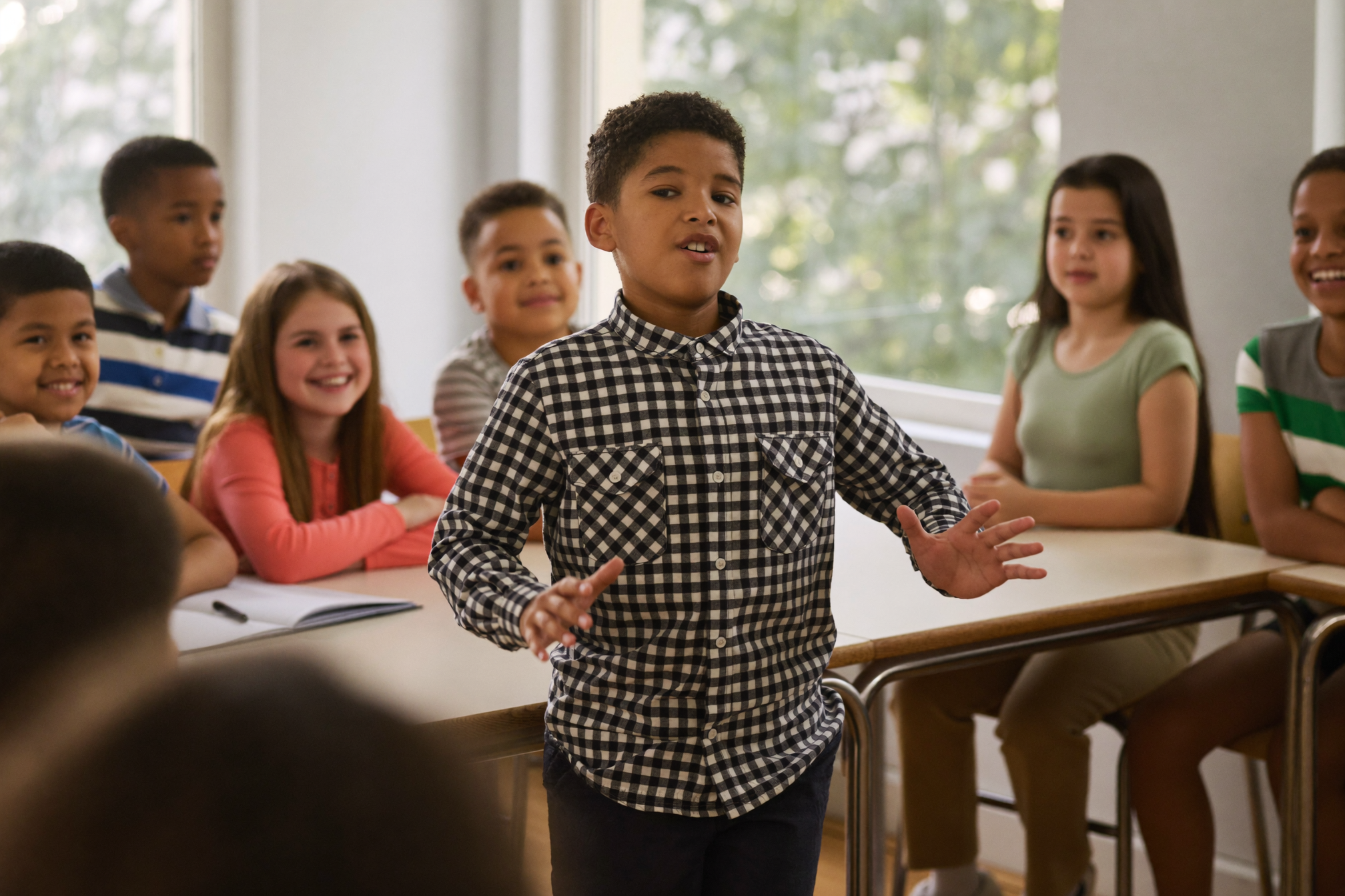 A child confidently presenting to classmates