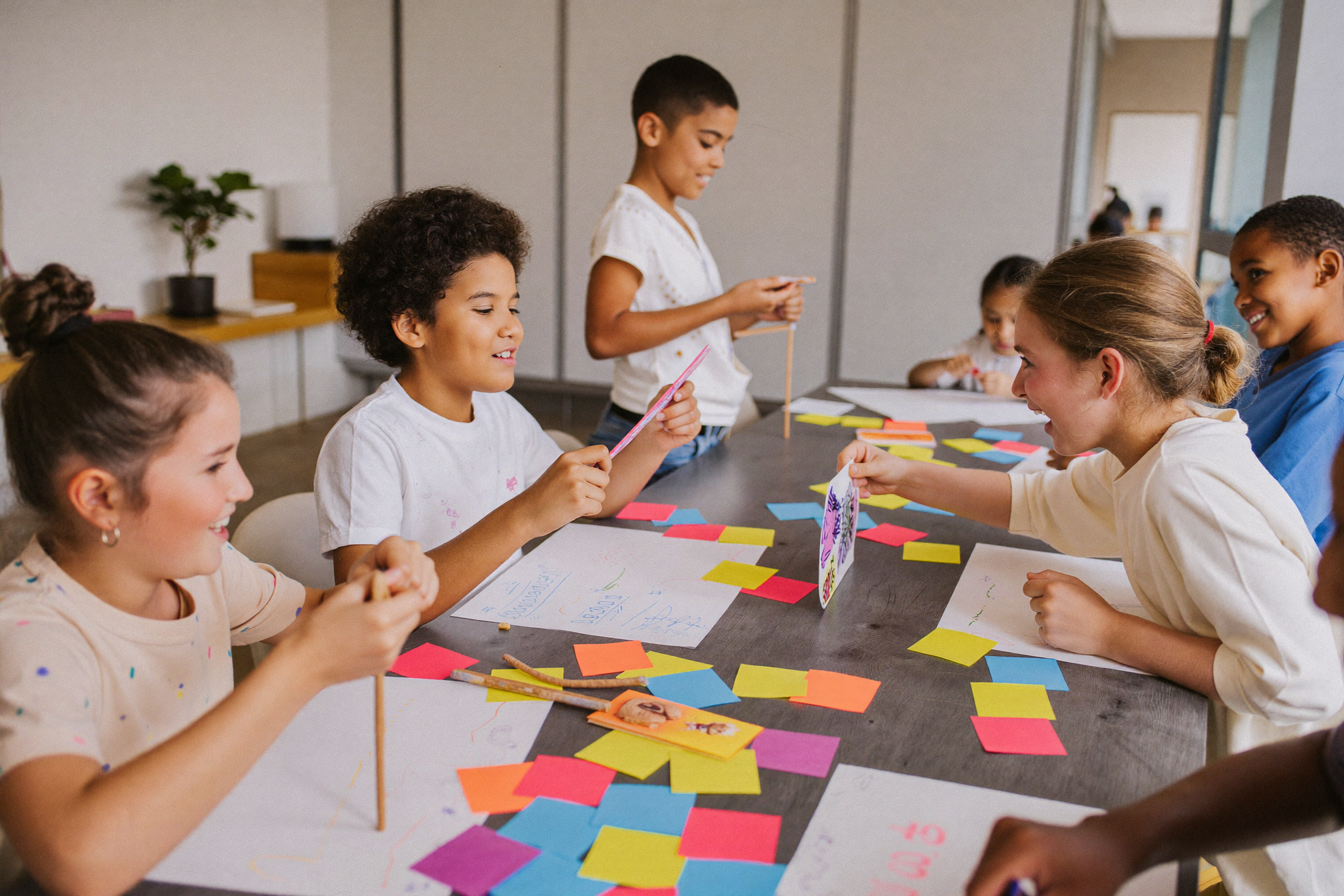 Children collaborating on a creative business project with sticky notes
