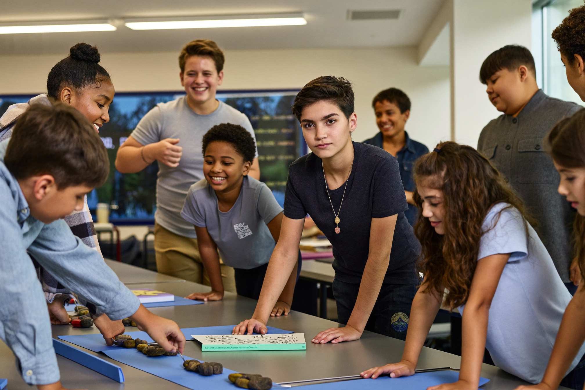 A group of children working together as a team on a hands-on challenge